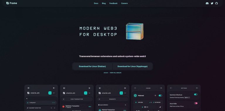 Frame - Modern Web3 for Desktop. Transcend browser extensions and unlock system-wide web3. Options to download for Linux (Debian) and Linux (AppImage). Dark interface with various sections displayed.