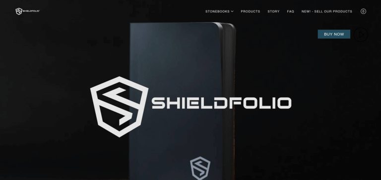 Shieldfolio homepage presenting a sleek, modern notebook for securely storing crypto information, with a focus on privacy and protection, and a buy now button.