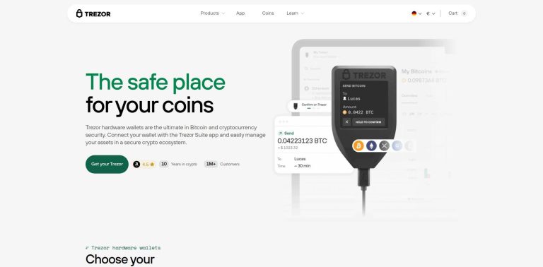 Trezor - The safe place for your coins. Trezor hardware wallets for ultimate security in Bitcoin and cryptocurrency. Manage assets with the Trezor Suite app. Shows a Trezor device and its interface.