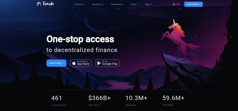 1inch: Screenshot of 1inch website homepage displaying a purple-themed background with a unicorn, and text stating "One-stop access to decentralized finance." Includes buttons for downloading the app on the App Store and Google Play, and statistics like liquidity sources, total volume, total wallets, and total trades.