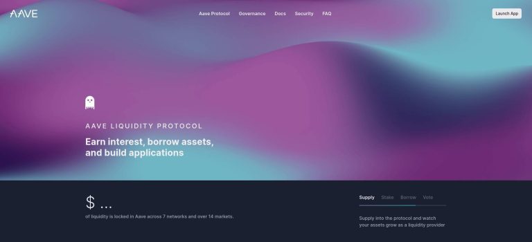 AAVE: Liquidity protocol for earning interest, borrowing assets, and building applications. Gradient background with a ghost icon, highlighting key information about AAVE's liquidity across multiple networks and markets.