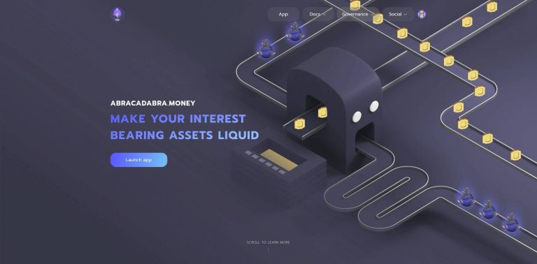 Abracadabra: Platform for making interest-bearing assets liquid with a dark, futuristic theme. Features a graphic of a machine processing coins and emphasizes leveraging assets for liquidity.