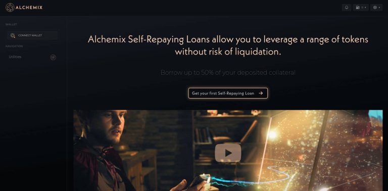 Alchemix: Self-repaying loans allowing leverage of tokens without liquidation risk. Mystical theme with an alchemist performing magic, highlighting the ability to borrow up to 50% of deposited collateral.