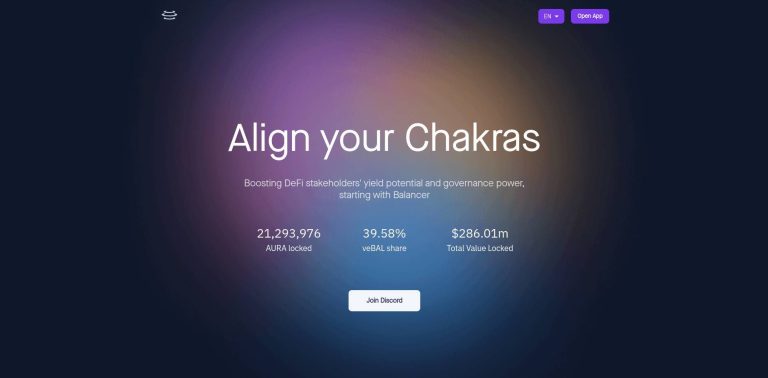 Aura Finance webpage with a gradient background, promoting the boosting of DeFi stakeholders' yield potential and governance power, displaying metrics and a Discord join button.