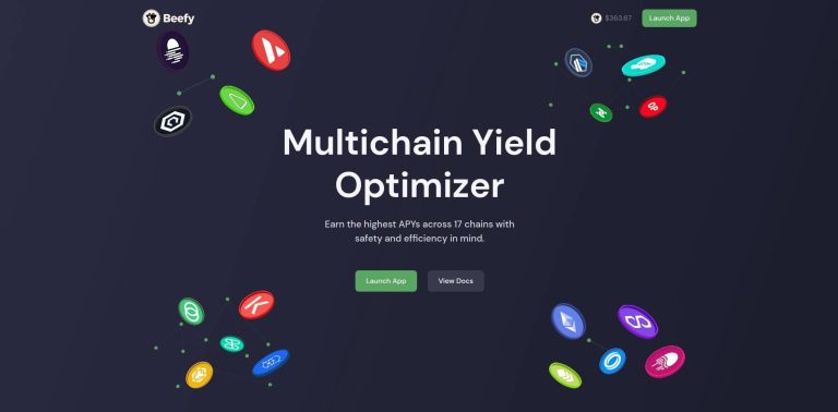 Homepage of Beefy Finance with a dark background. Promotes multichain yield optimization with illustrations of various tokens. Features 'Launch App' and 'View Docs' buttons.