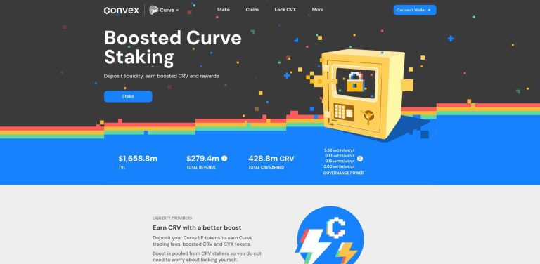 Colorful pixel-art styled Convex Finance page promoting boosted Curve staking, displaying metrics like total value locked and total CRV earned.