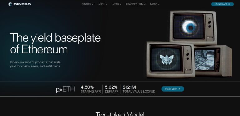 Website homepage for Dinero, featuring retro monitors with digital graphics and text promoting Dinero’s yield baseplate of Ethereum, pxETH staking APR, DeFi APR, and total value locked statistics.