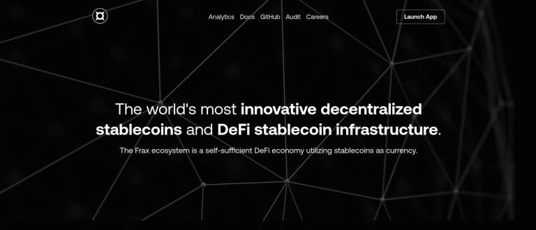 Frax Finance: Innovative decentralized stablecoin and DeFi stablecoin infrastructure. The platform aims to create a self-sufficient DeFi economy utilizing stablecoins as currency, highlighted by a sleek black-themed interface.