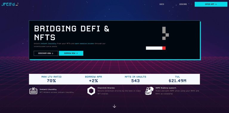 JPEG'd: Bridging DeFi and NFTs with instant liquidity and passive income through incentivized curve pools. Key metrics include max LTV ratio, borrow APR, NFTs in vaults, and total value locked.