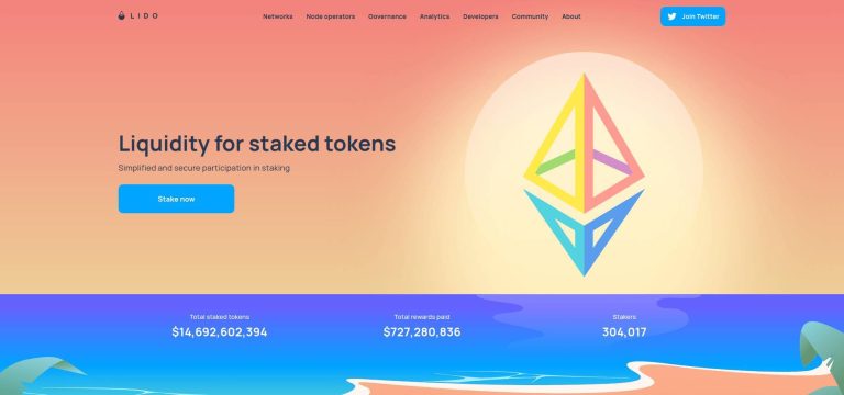 Lido: Liquidity for staked tokens with simplified and secure participation in staking. The homepage highlights a total staked tokens value of $14,692,602,394, total rewards paid of $727,280,836, and 304,017 stakers.