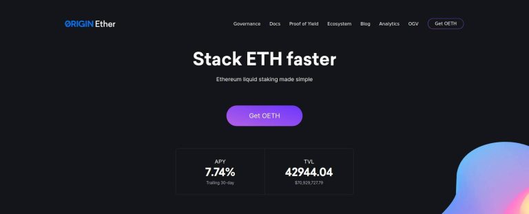 Origin Ether: Ethereum liquid staking platform with a focus on simplicity and speed. Users can stack ETH faster, with an APY of 7.74% and a total value locked (TVL) of 42,944.04 ETH.