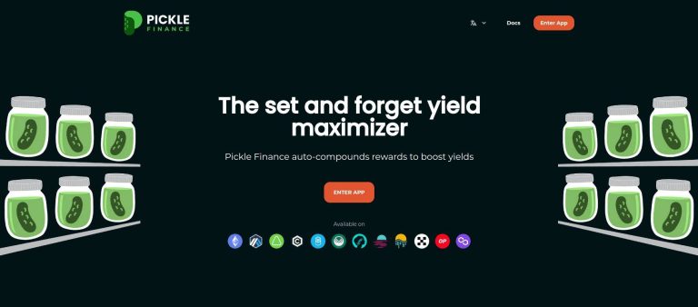 Pickle Finance webpage showcasing jars of pickles, promoting the auto-compounding of rewards to boost yields, with various supported blockchains' icons displayed.