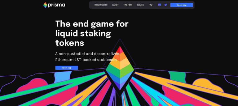 Prisma Finance: Platform for liquid staking tokens, offering a non-custodial, decentralized Ethereum LST-backed stablecoin. Features a colorful abstract Ethereum logo and highlights the end game for liquid staking tokens.