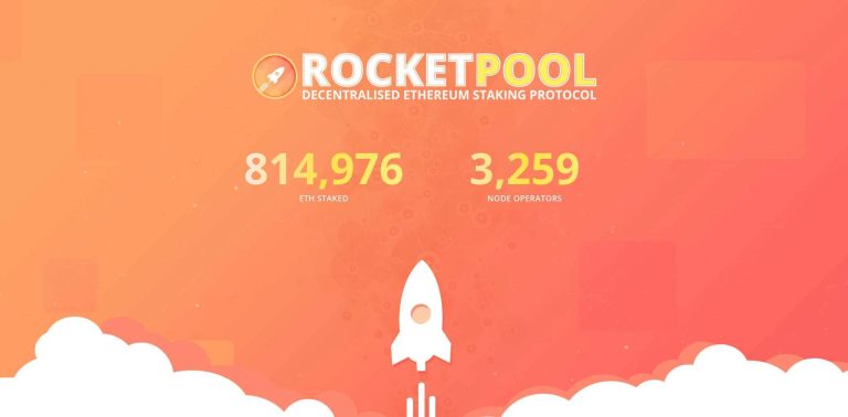 Rocketpool: Decentralized Ethereum staking protocol with 814,976 ETH staked and 3,259 node operators. The homepage features a vibrant design with key staking metrics prominently displayed.