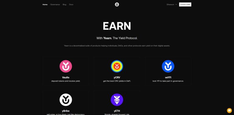 Yearn Finance interface highlighting different yield products such as Vaults, yCRV, veYFI, yBribe, and yETH, with corresponding icons and descriptions.