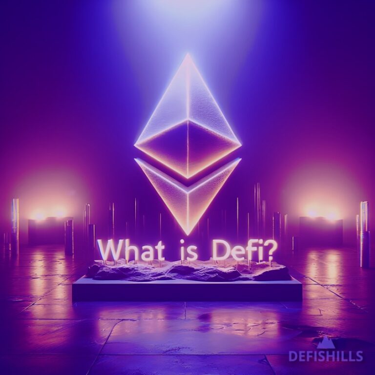 A glowing Ethereum logo hovers above the text "What is DeFi?" in a futuristic, neon-lit setting that screams modernity. The word "DEFISHILLS" glows in the bottom right corner, making it clear this is where decentralized finance comes to light.