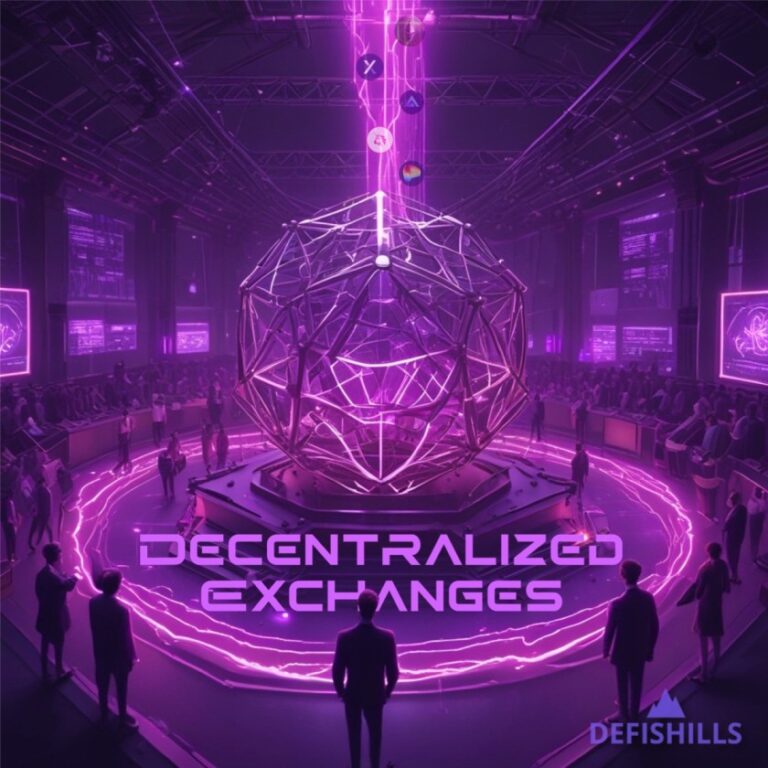 A futuristic scene featuring a large, glowing geometric structure surrounded by holographic screens and figures, with the text "Decentralized Exchanges" prominently displayed alongside "Defishills".