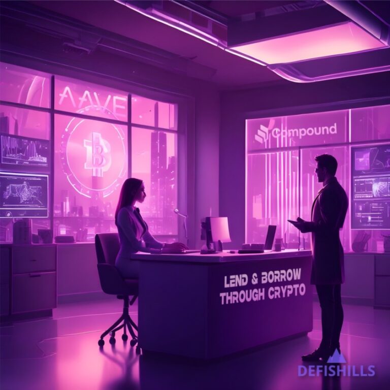 A futuristic office with purple lighting features a woman seated at a desk with screens displaying cryptocurrency data, while a man stands facing her. Signs on the windows read "AAVE" and "Compound," highlighting the space's focus on DeFi lending.