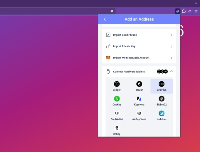 Rabby Wallet interface showing the option to add a GridPlus hardware wallet for connection.