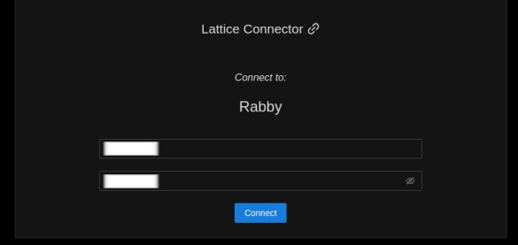Lattice Manager screen in Rabby Wallet prompting the user to connect to the Rabby extension by entering a password.
