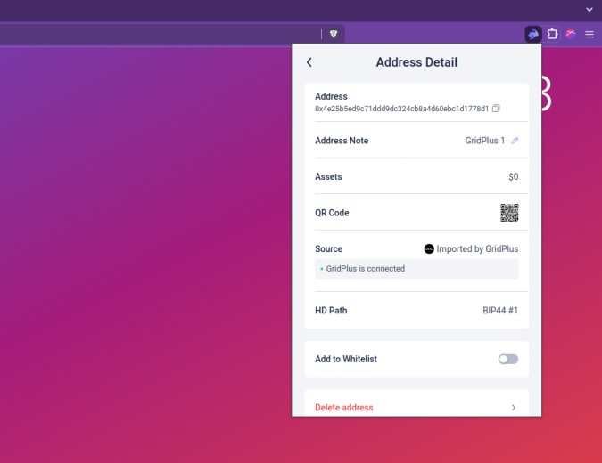 Rabby Wallet interface displaying detailed information for an address imported from GridPlus, including address note and source.