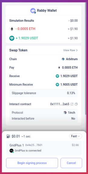 Rabby Wallet interface showing transaction details for swapping tokens, including simulation results and the option to begin the signing process with GridPlus.