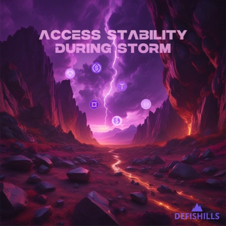 A dramatic landscape with a lightning-filled sky. The text reads "Access Stability During Storm." Various cryptocurrency icons, including a stablecoins, are present above a rocky path. "DEFISHILLS" is in the bottom right corner.