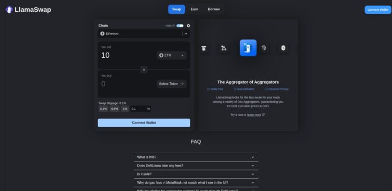 Interface of LlamaSwap with dark background. It shows options to swap, earn, and borrow with fields for selecting Ethereum and token amounts. Described as 'The Aggregator of Aggregators', it guarantees the best execution prices in DeFi.