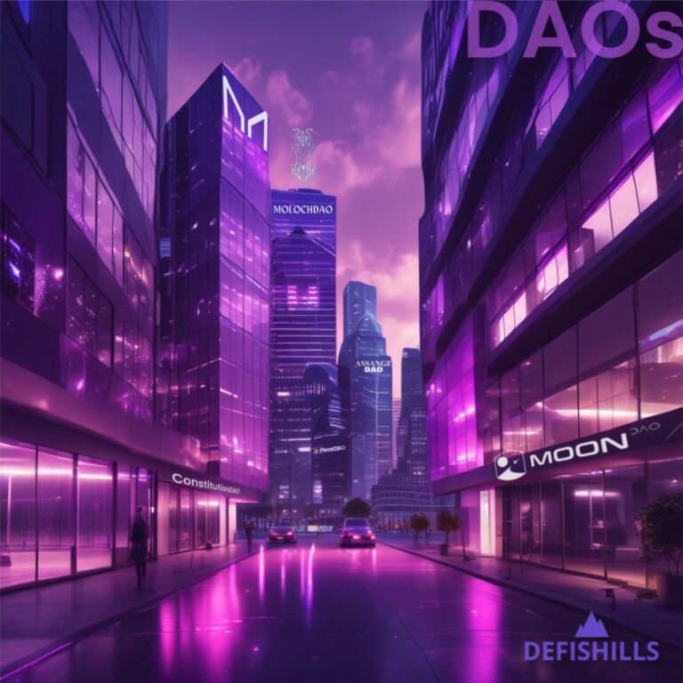 A futuristic cityscape at dusk with high-rise buildings illuminated by purple neon lights. Signage on the buildings includes "MOONDAO," "DEFIHILLS," and "MOLOCHDAO," highlighting the prominence of Decentralized Autonomous Organizations. A few pedestrians and cars are visible.