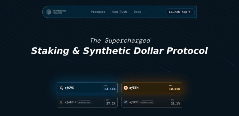 Asymmetry Finance website homepage with the headline 'The Supercharged Staking & Synthetic Dollar Protocol.' The page showcases staking options with high APYs for afCVX, afETH, afeETH, and afUSD. The background features a sleek, dark design with subtle lines.