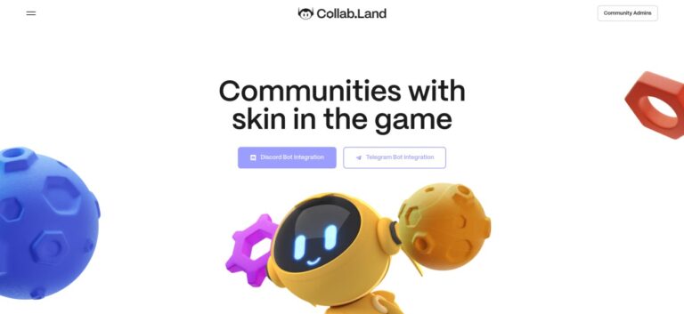 Homepage of Collab.Land with a clean white background. The main text reads 'Communities with skin in the game' and offers Discord and Telegram bot integrations. Visual elements include colorful, playful 3D shapes and a robot character.
