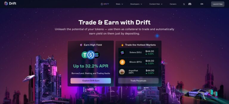 The Drift homepage with a futuristic cityscape background. Main text reads "Trade & Earn with Drift." Highlights include "Earn High Yield Up to 32.2% APR" and "Trade the Hottest Markets" featuring Solana (SOL), Bitcoin (BTC), and Dogewithat (WIF). Navigation options and a "Launch App" button are at the top.