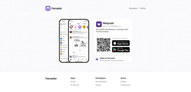 Homepage of Farcaster displaying two mobile phones showing the Warpcast app interface. Includes a QR code for app download and text promoting Warpcast as a client for iOS and Android.