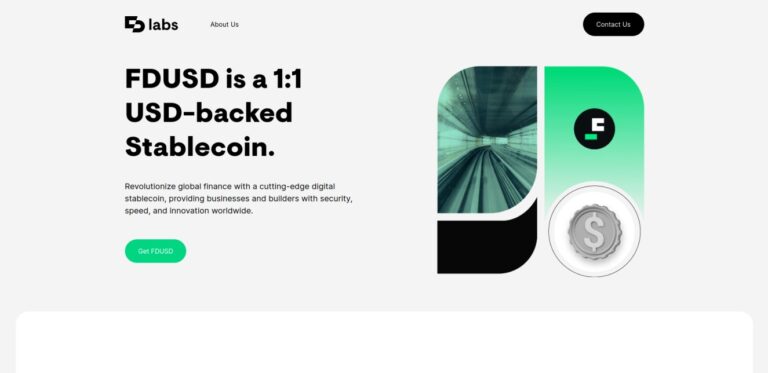 FDUSD homepage with white background. The text 'FDUSD is a 1:1 USD-backed Stablecoin' highlights FDUSD as a digital stablecoin providing security, speed, and innovation. Includes 'Get FDUSD' button and financial graphics.