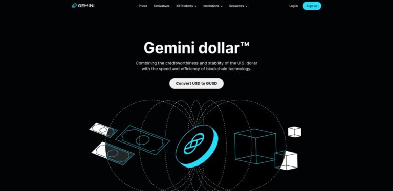 Homepage of Gemini Dollar (GUSD), emphasizing its stability and efficiency. Features a call-to-action button to convert USD to GUSD and promotes the benefits of the stablecoin with the security of blockchain technology.