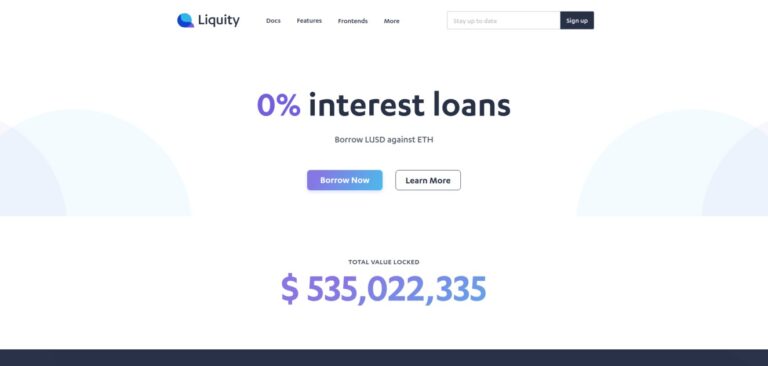 Homepage of Liquity, a decentralized borrowing platform offering 0% interest loans against ETH. The page highlights a total value locked of $535,022,335 and provides buttons to borrow LUSD or learn more about the platform.