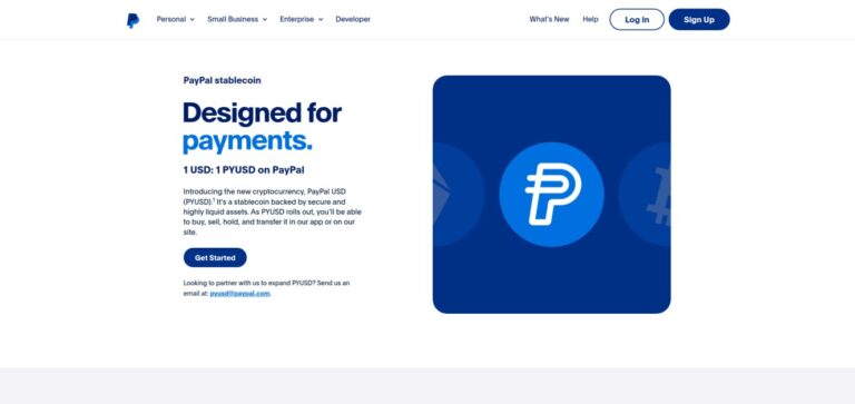 PayPal homepage promoting PYUSD with blue and white background. The text 'Designed for payments' highlights PYUSD as a stablecoin backed by secure assets. Includes 'Get Started' button and information on buying, selling, and transferring PYUSD.