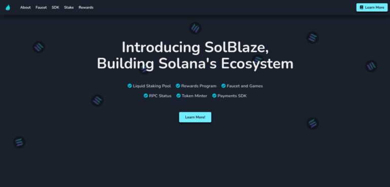 SolBlaze website homepage introducing SolBlaze and its role in building Solana's ecosystem. The page mentions features like liquid staking pool, rewards program, and more, with a 'Learn More' button. The background is dark with scattered Solana logos.