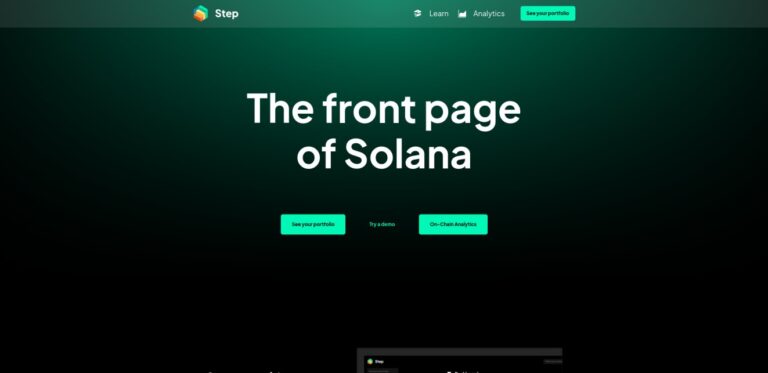 Step Finance website homepage with the headline 'The front page of Solana.' The page invites users to see their portfolio, try a demo, or access on-chain analytics. The background is green with a simple and clean design.