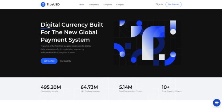 TrueUSD homepage with dark background. The text 'Digital Currency Built For The New Global Payment System' promotes TrueUSD as a USD-pegged stablecoin with daily attestations. Includes 'Get Started' button and financial statistics.