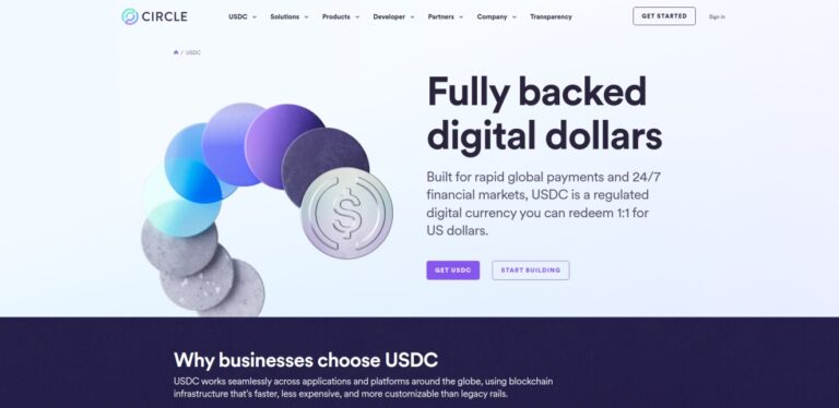 Circle homepage promoting USDC with light blue background. The text 'Fully backed digital dollars' highlights USDC as a regulated digital currency redeemable 1:1 for US dollars. Includes 'Get USDC' and 'Start Building' buttons.