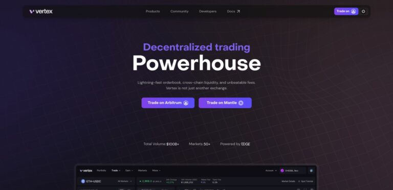 Decentralized trading platform described as a "Powerhouse" with a focus on lightning-fast order book, cross-chain liquidity, and unbeatable fees. Options to trade on Arbitrum or Mantle, with highlights of total volume over $100B and more than 50 markets.