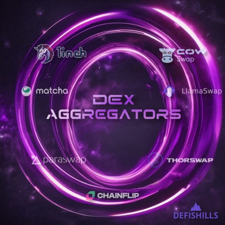 Purple-themed graphic illustrating various DEX aggregators, including logos of 1inch, Matcha, CowSwap, LlamaSwap, Paraswap, ThorSwap, and Chainflip, with 'DEX Aggregators' text in the center and 'DeFiShills' logo at the bottom right.