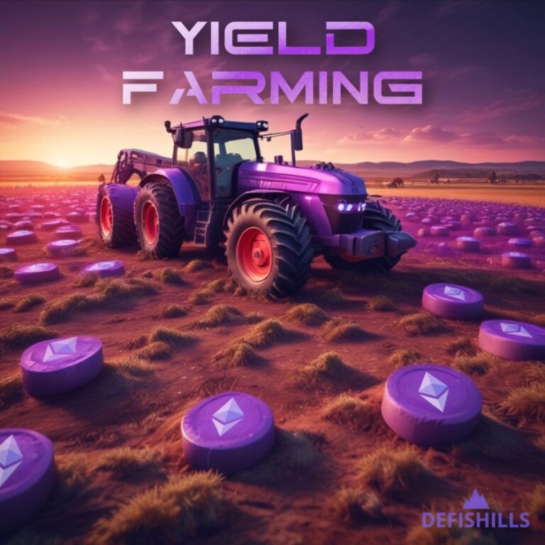 Illustrative image of yield farming, depicting a purple tractor in a field harvesting Ethereum tokens, representing the concept of generating returns in DeFi farming.