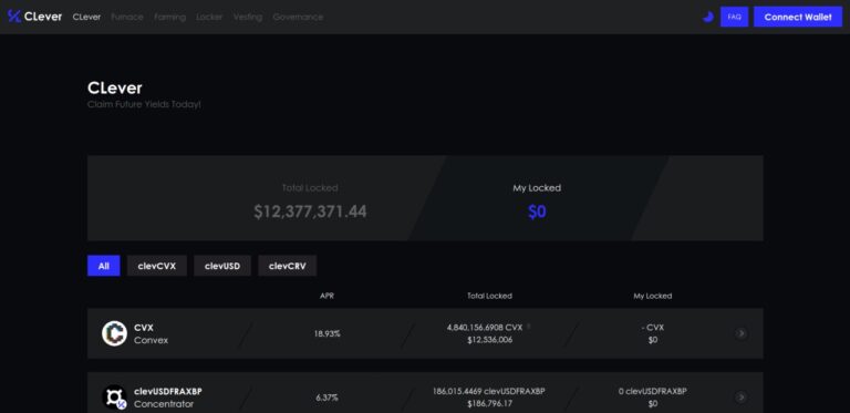 CLever platform displaying total locked value and various staking options, including CVX and clevUSD, with detailed APR and total locked data.