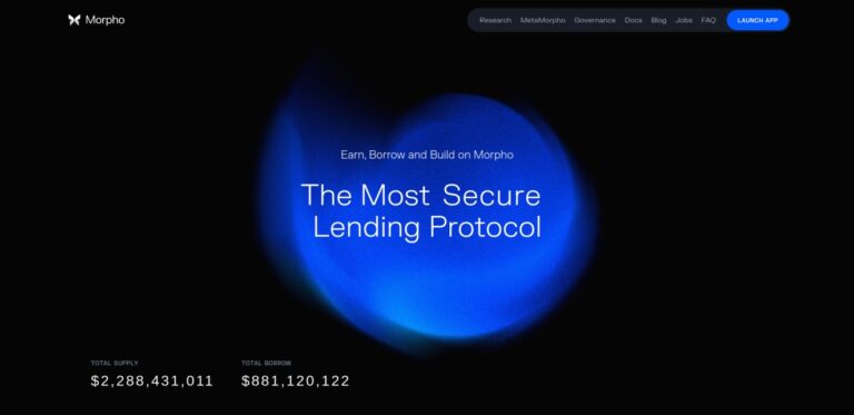 Morpho platform homepage highlighting its position as the most secure lending protocol with over $2.28 billion in total supply and $881 million in total borrow.