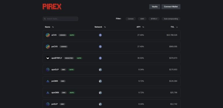 Pirex platform interface displaying a range of vaults for assets like uCVX, pxCVX, and apxGLP, offering competitive APYs with auto-compounding features.