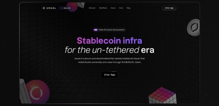 Website screenshot of Usual Money with a dark background and grid design. The text reads 'Stablecoin infra for the un-tethered era' with additional information about Usual being a secure and decentralized fiat-backed stablecoin issuer.