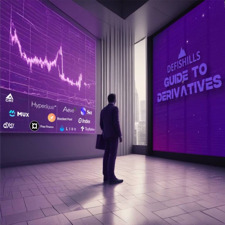 A person stands in front of large screens displaying a stock chart and the text "Defishills Guide to DeFi Derivatives" alongside various decentralized finance related logos.