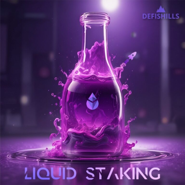 A glass bottle with purple liquid splashing inside showcases a droplet logo, elegantly labeled "LIQUID STAKING" at the bottom, while "DEFISHILLS" graces the top right corner.